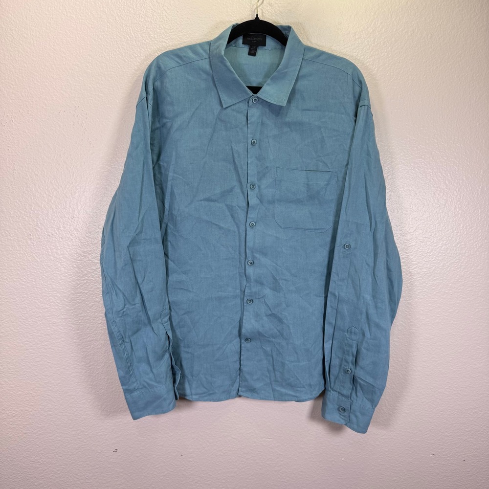 Magaschoni Man Button Down Shirt Mens‎ Large Teal Blue Coastal Linen Travel Roll